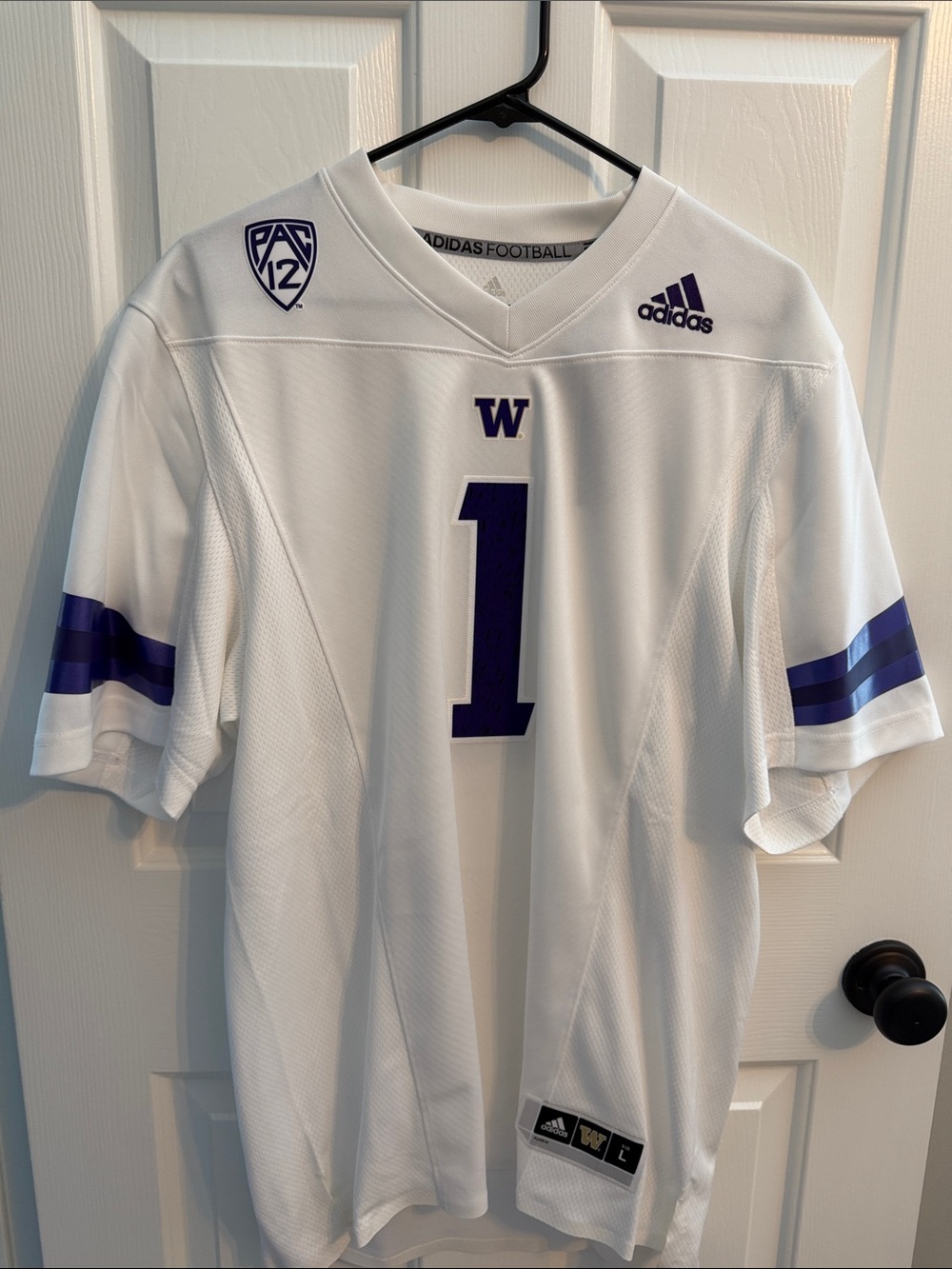 adidas White and Purple Washington Huskies Football Jersey #1
